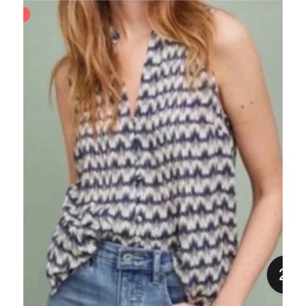 Anthropologie Maeve Ikat Print Sleeveless Tank Blouse Cream Navy Blue Sz S Boho
